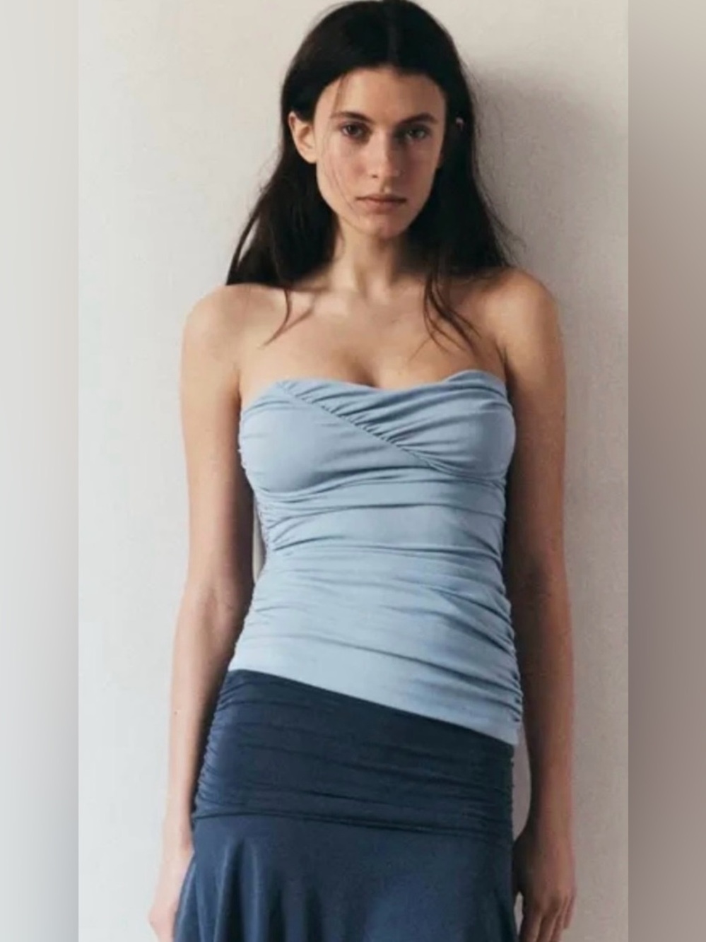 Zara NWT Light Blue Strapless Ruched Top